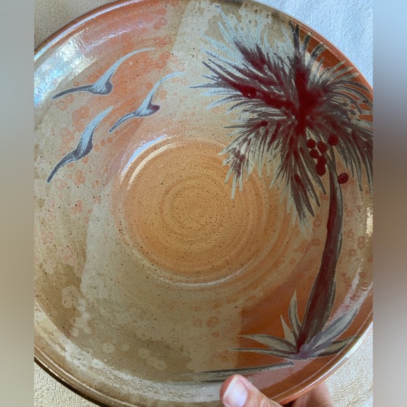 Studio Pottery Large Hand Thrown Bowl Tropical Palm Trees Bird Mixing Decor - Picture 3 of 10